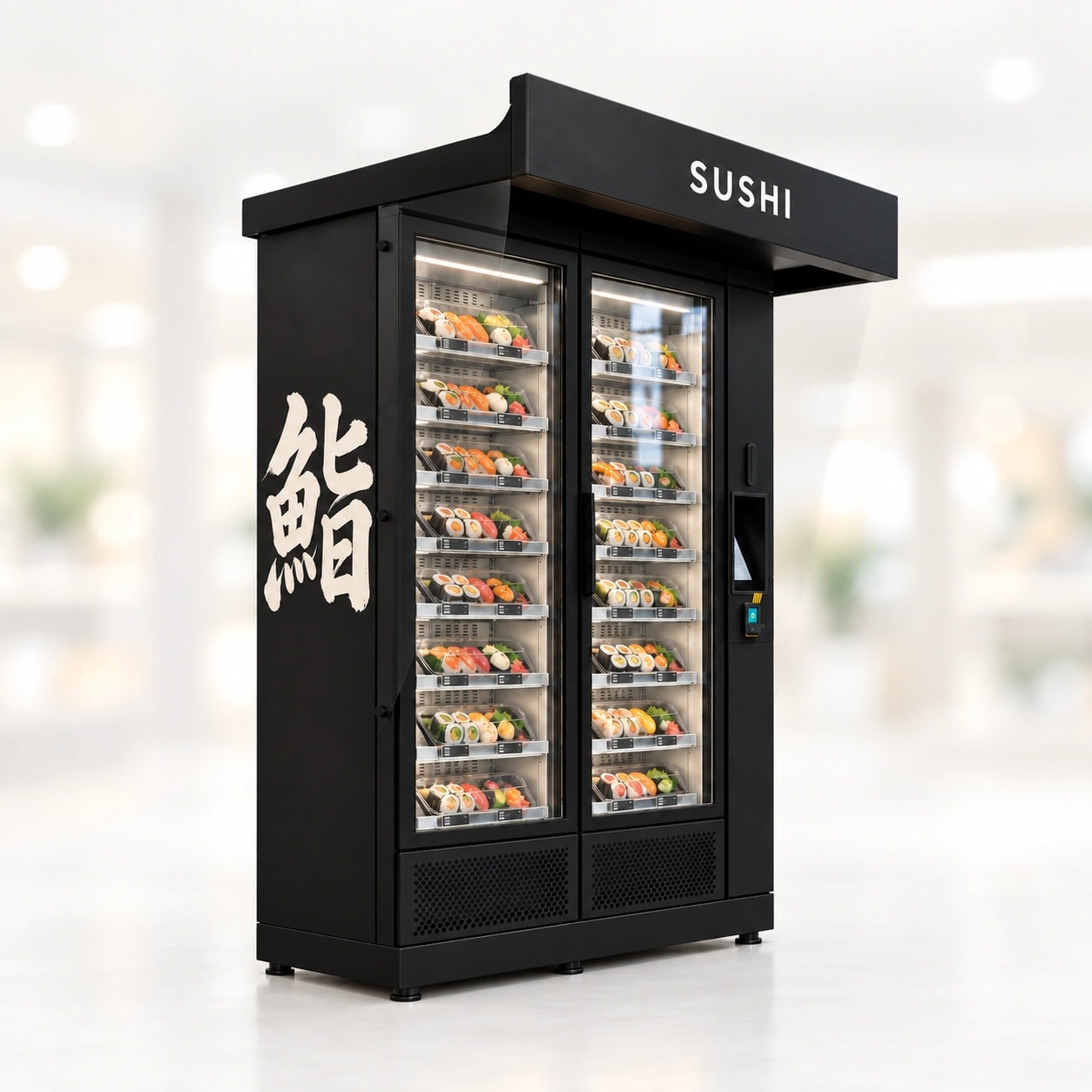 Must sushi müügiautomaat klaasustega ja SUSHI sildiga